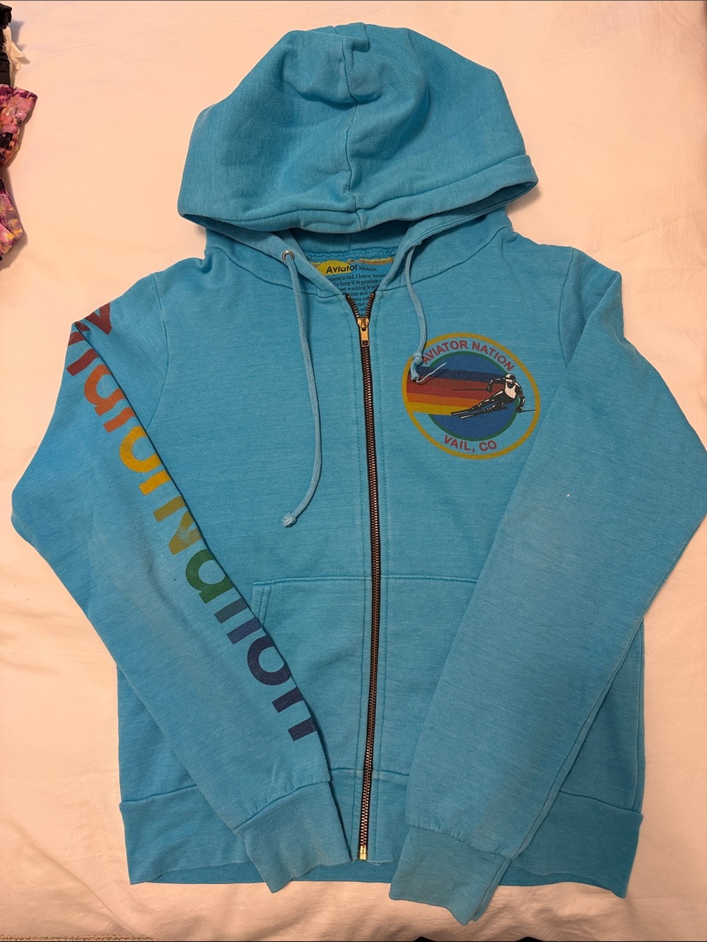 Aviator Nation Turquoise Zip Hoodie with Rainbow Sleeve Logo